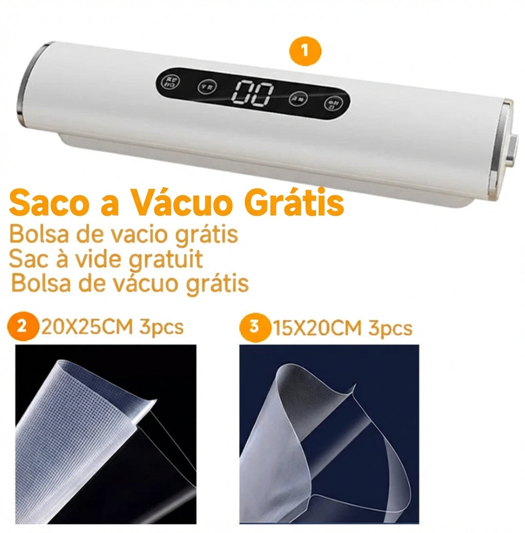 Seladora a Vácuo Profissional Portátil - Conserve Alimentos por até 5x mais tempo (Bivolt + Brinde Sacos)