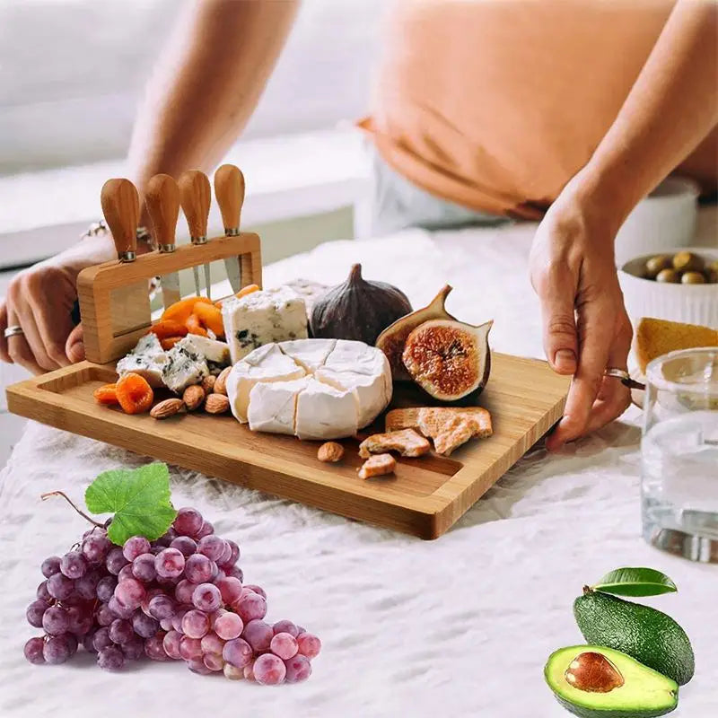 Large Bamboo Cheese Board With 4 Knives Chopping Board Set For Weddings, Birthdays, Christmas Kitchen Wooden Chopping Board