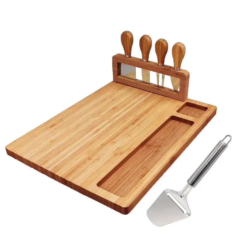Large Bamboo Cheese Board With 4 Knives Chopping Board Set For Weddings, Birthdays, Christmas Kitchen Wooden Chopping Board